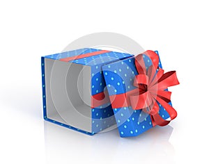 Blue open Gift Box with red ribbon and bow.