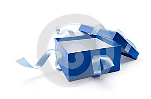 Blue open gift box with ribbon