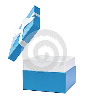 Blue open gift box with white bow isolated