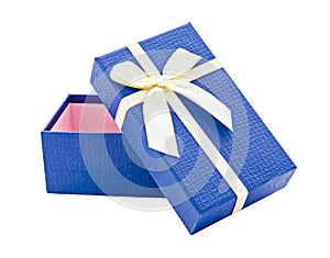 Blue open gift box with white and gold ribbon.