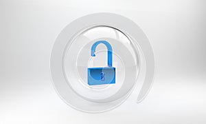 Blue Open padlock icon isolated on grey background. Opened lock sign. Cyber security concept. Digital data protection