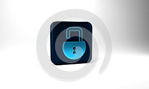 Blue Open padlock icon isolated on grey background. Opened lock sign. Cyber security concept. Digital data protection