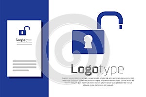 Blue Open padlock icon isolated on white background. Opened lock sign. Cyber security concept. Digital data protection