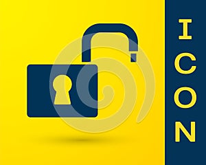 Blue Open padlock icon isolated on yellow background. Opened lock sign. Cyber security concept. Digital data protection