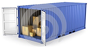 Blue opened container with carton boxes inside