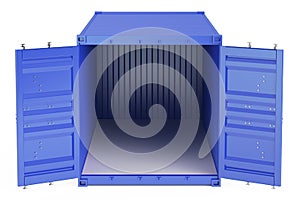Blue opened empty cargo container, front view. 3D rendering