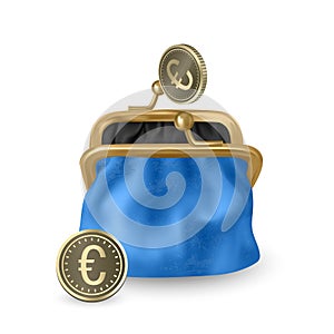 The Blue, opened purse. Gold coins raining to open wallet. Golden coins money, euro dropping or falling in open purse. Vector EPS