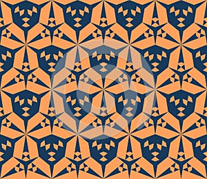 Blue and orange abstract geometric seamless pattern with triangular shapes, grid