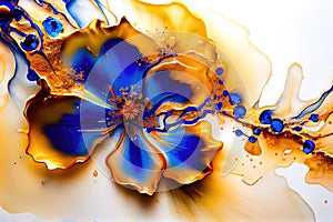 Blue and orange abstract ink floral painting with flower on white background, watercolor, ai generation