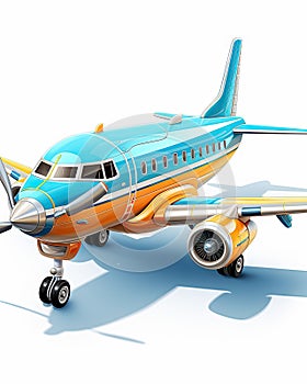 a blue and orange airplane is on a white background with a shadow. generative ai