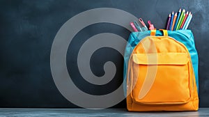 A blue and orange backpack with pencils in it sitting on a table, AI