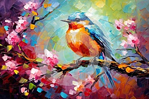 Blue Orange Bird Sitting on Spring Branch Acrylic Painting