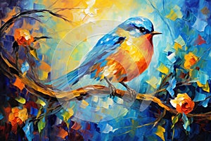 Blue Orange Bird Sitting on Spring Branch Acrylic Painting