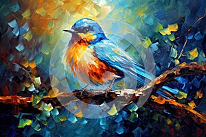 Blue Orange Bird Sitting on Spring Branch Acrylic Painting