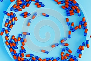 Blue and orange capsule pills, healthcare medical concept, antibiotics and cure, 3d render