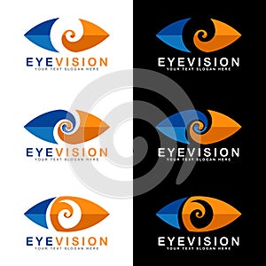 Blue and orange eye vision logo signs on white and black background vector art design