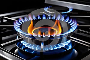 Blue and orange flames of a gas kitchen stove burner with a metal grate