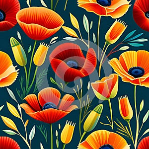blue and orange flower pattern with red flowers
