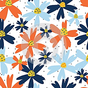 Blue and orange flowers seamless repeating vector pattern. Florals on a black and white spotted background. Scandinavian