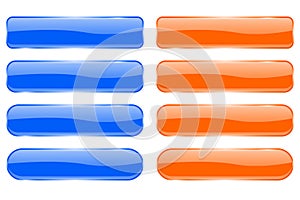 Blue and orange glass buttons. Shiny rectangle 3d icons with reflection