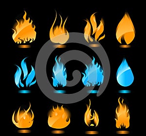 Blue and orange glowing flames on black background