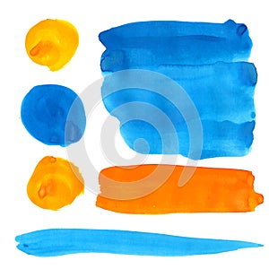 Blue and orange gouache paint stains and strokes