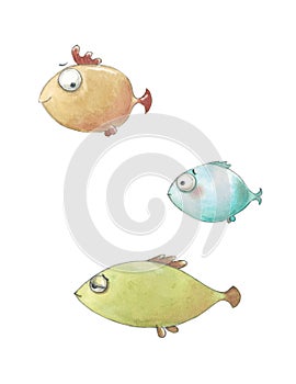 Blue, orange, green fish swim with funny emotions