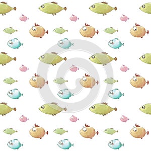 Blue, orange, green fish swim with funny emotions pattern