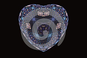 Blue orange heart in a cage of crooked square shapes on a black background.