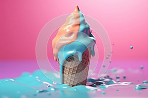 Blue and orange ice cream melting and spilling from the waffle cone on colorful background.