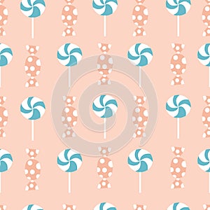 Blue an orange lolly pops and candies in a seamless pattern design