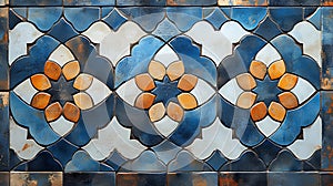 Blue, orange mosaic tile wall pattern, closeup, textured background, home decor