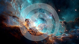 Blue orange nebula with dramatic cloud formations.