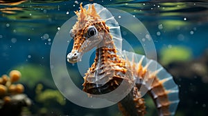 A blue and orange seahorse. Generative AI.
