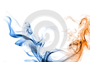 Blue and orange smoke on a white background.