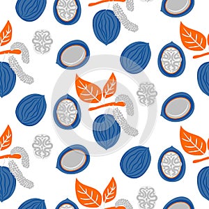Blue and orange stylized walnut vector seamless pattern.