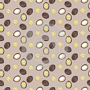 Blue and orange stylized walnut vector seamless pattern.