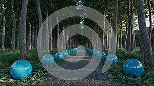 Blue orbs line a forest path trees