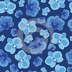 Blue orchid flowers seamless pattern on dark blue background