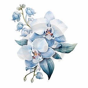 Detailed Blue Orchid Flowers On White Background - Elegant Realism