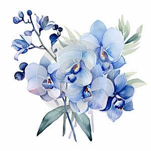 Blue Orchids Watercolor Clipart: Realistic Landscapes With Indigo Blue Hues