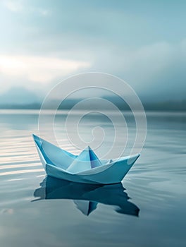 A blue origami boat rests on a glassy lake, its reflection a perfect symmetry in the waters calm.