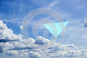 Blue origami paper plane dash line track with loop in the sky. Back to school text in white cloud. Flat design