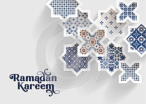 Blue ornamental arabic tiles, patterns through white cut out stars, long shadows. Greeting card, invitation for Muslim