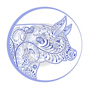 Blue Ornamental pig head in a circle. Flower Emblem in the style of national porcelain painting