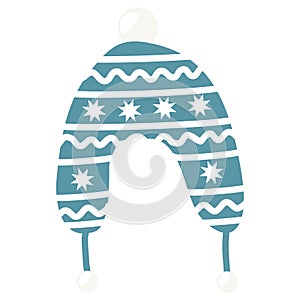 Blue ornate winter hat with pom pom and ear warmers, earflap or trapper hat, flat vector photo