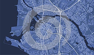 Blue Oulu map, city in Finland. Streetmap municipal area