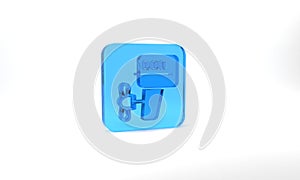 Blue Outboard boat motor icon isolated on grey background. Boat engine. Glass square button. 3d illustration 3D render