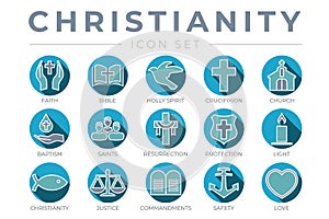 Blue Outline Christian Icon Set with Faith, Bible, Crucifixion , Baptism, Church, Resurrection, Holy Spirit, Saints, Commandments,