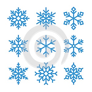 Blue outline snowflake icons, frozen star symbol